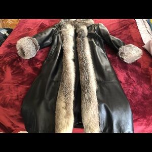 Leather coat with fox fur trim